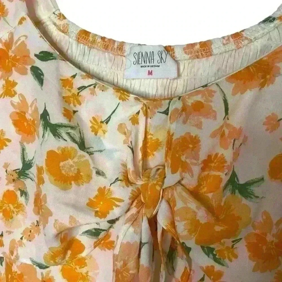 Sienna Sky Tangerine,  floral, scoop neck to tie, flowy, Mini Dress. Size Medium - Picture 4 of 8